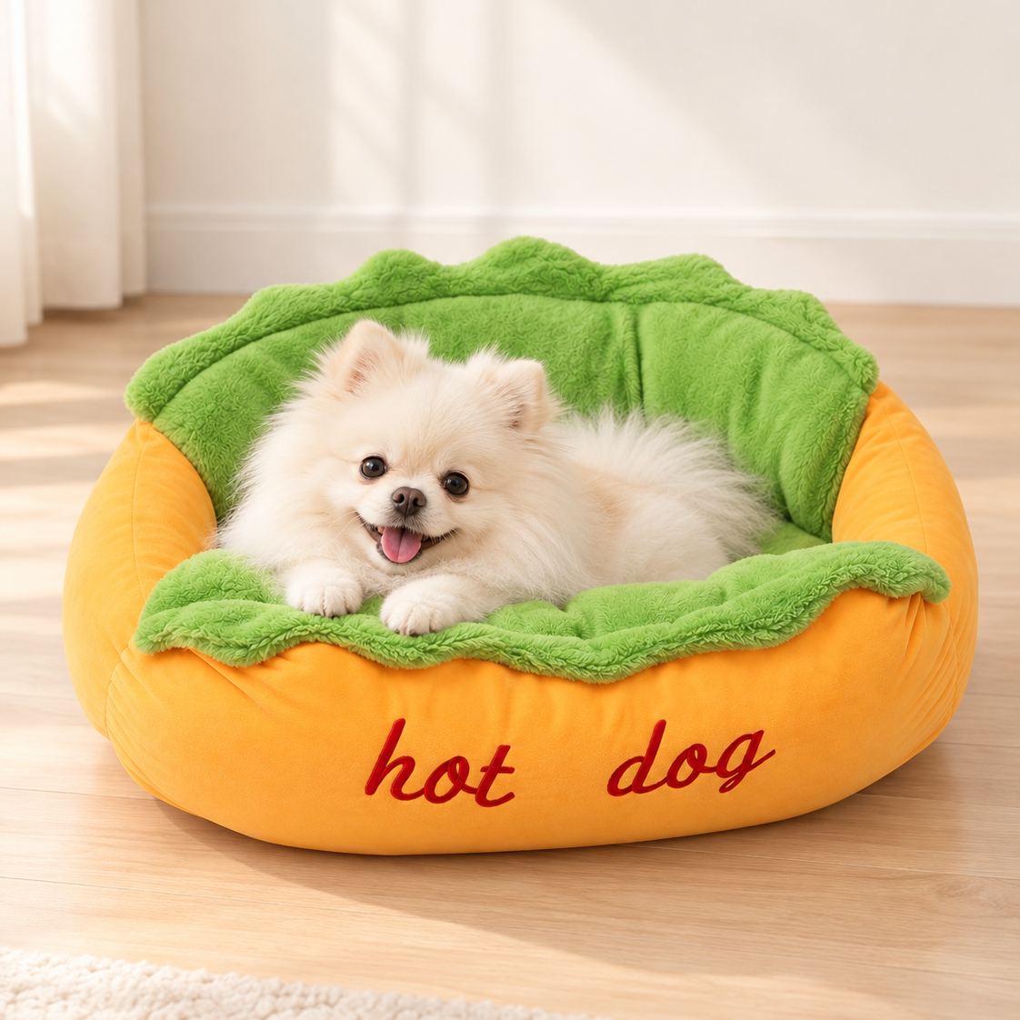 White Pomeranian lying in The Hot Dog Bed