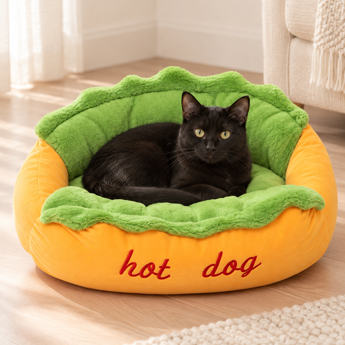 Black cat resting in The Hot Dog Bed