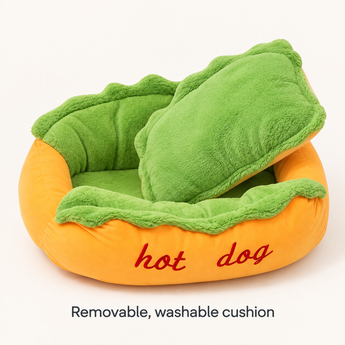 The Hot Dog Bed with its removable, washable cushion lifted out