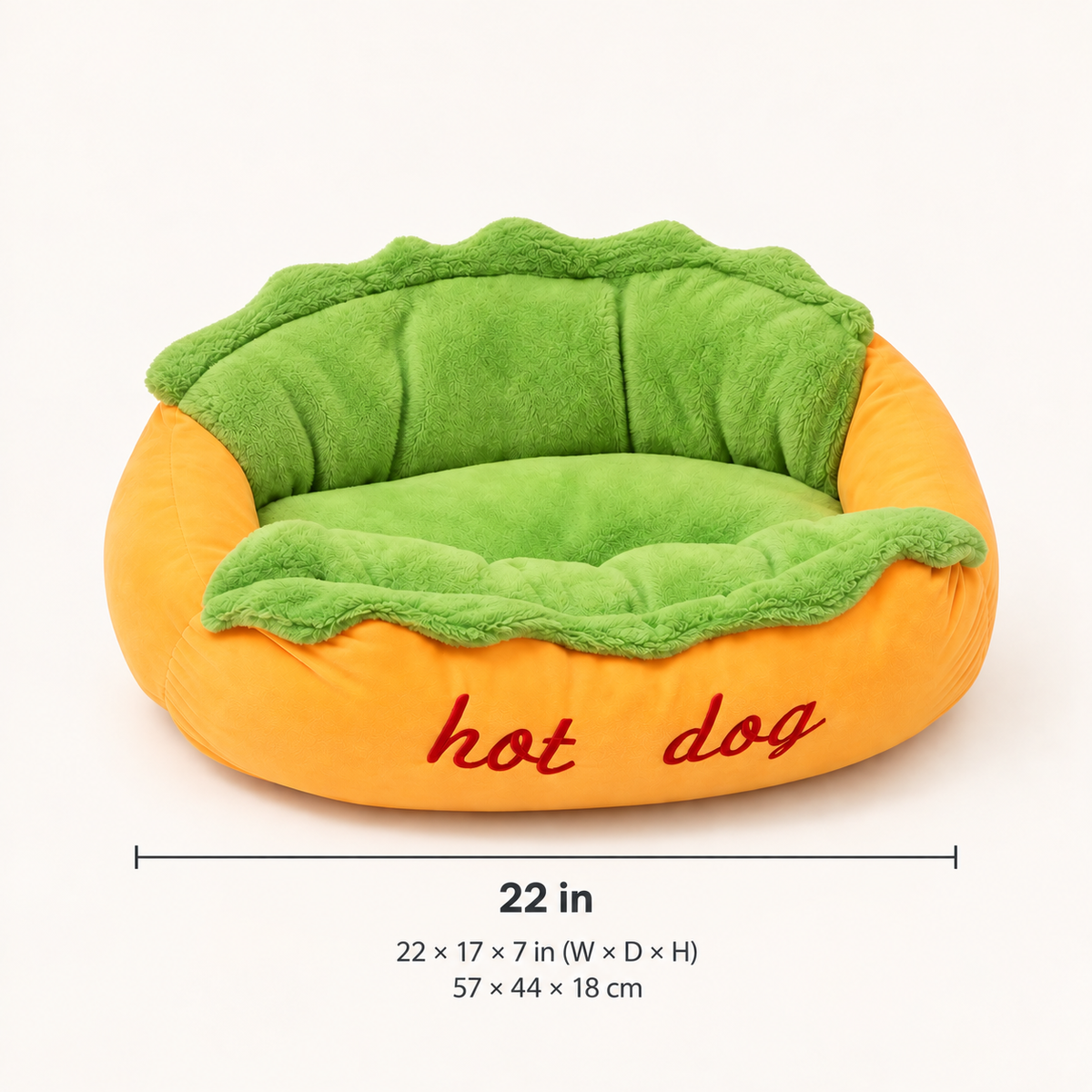 The Hot Dog Bed size guide: 22 × 17 × 7 in (57 × 44 × 18 cm)